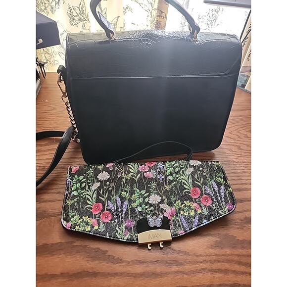 Iman Handbag All Black Croc Emboss and Floral interchageable top - Picture 2 of 6